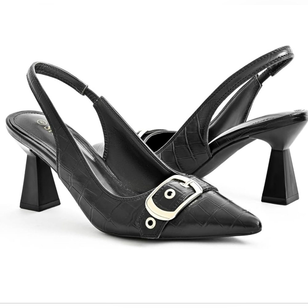 Slingback Kitten Heels – Pointed Toe | Buckle Strap | 3" Heel | Elegant Size 7.5